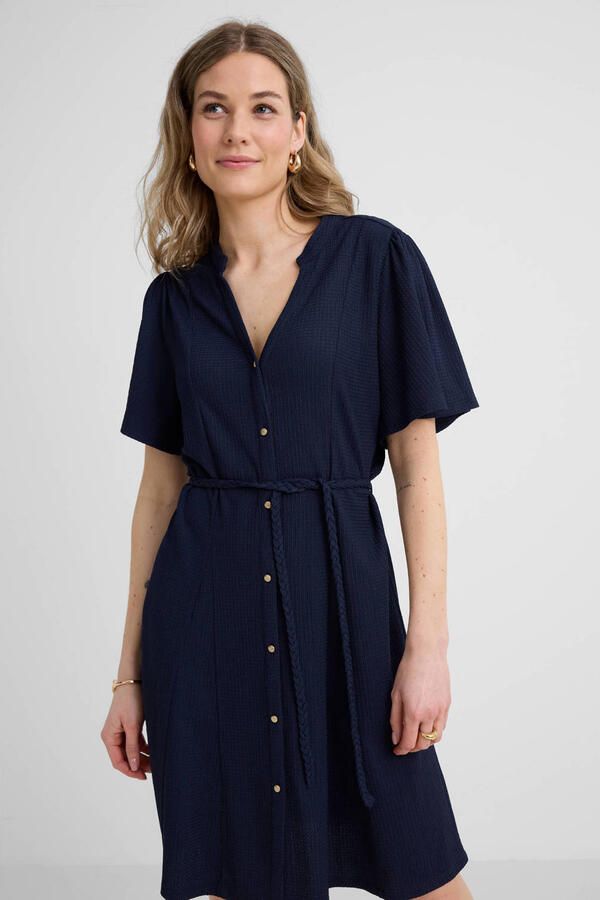 Anytime jurk met textuur en ceintuur donkerblauw