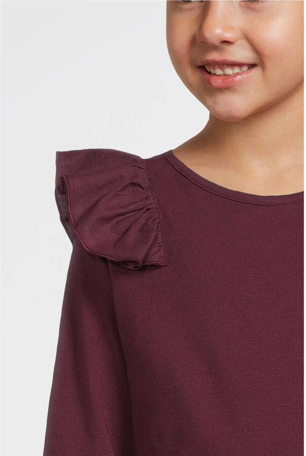 Anytime longsleeve met ruches bordeauxrood Meisjes Katoen Ronde hals Effen - Foto 3