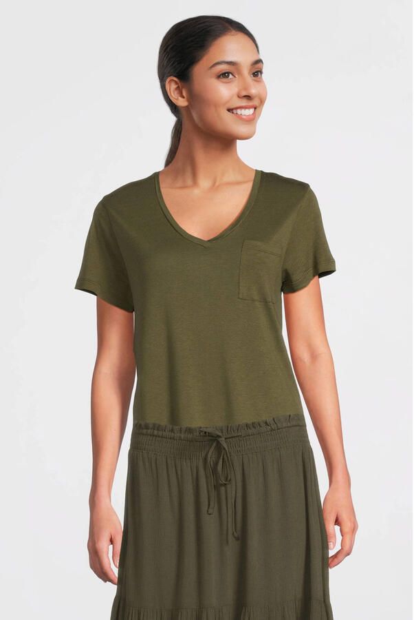 Anytime loose fit T-shirt met V-hals olijfgroen - Foto 2