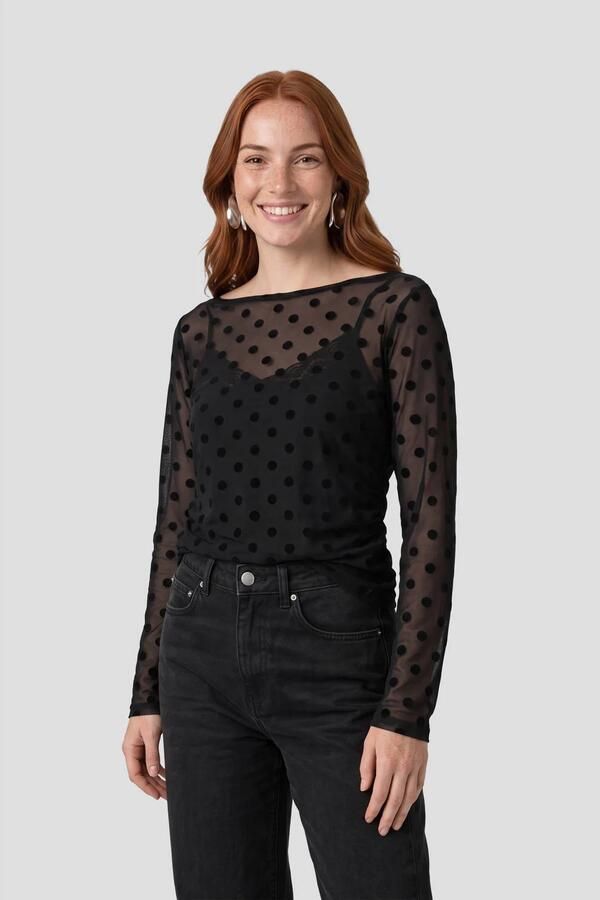 Anytime mesh top met polkadotprint zwart