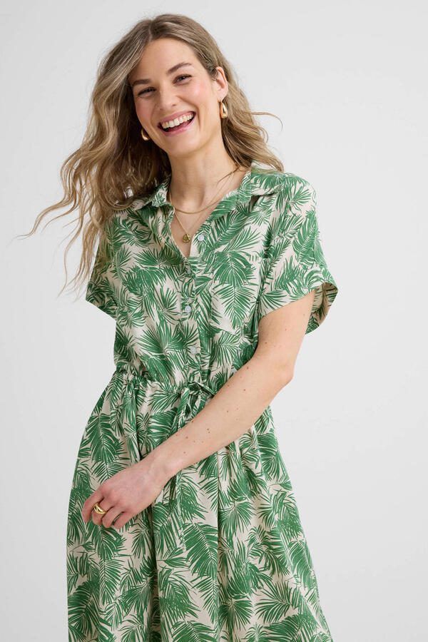 Anytime midi jurk met bladprint beige groen