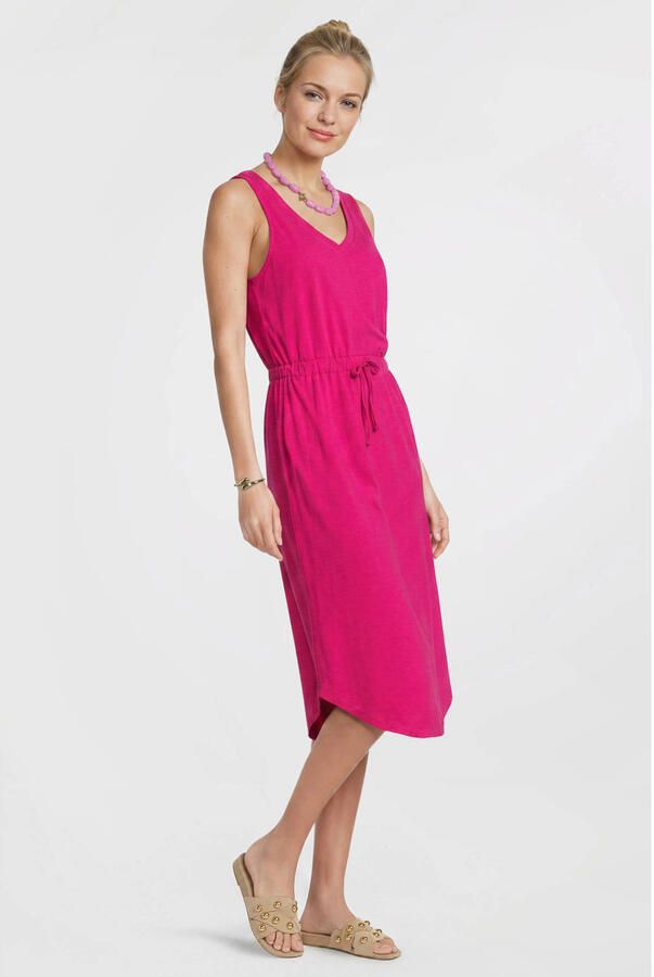 Anytime midi jurk met V-hals fuchsia