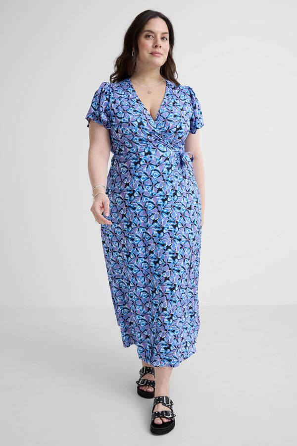 Anytime midi overslagjurk all-overprint blauw