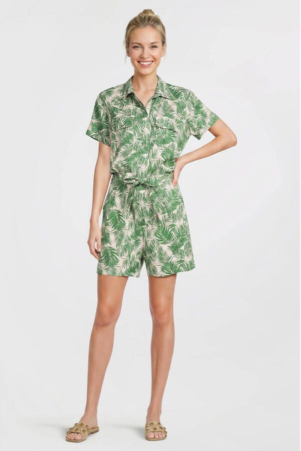 Anytime playsuit met bladprint beige groen