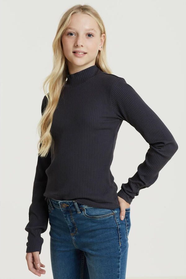 Anytime ribgebreide longsleeve donkerblauw grijs Meisjes Katoen Opstaande kraag 110 116