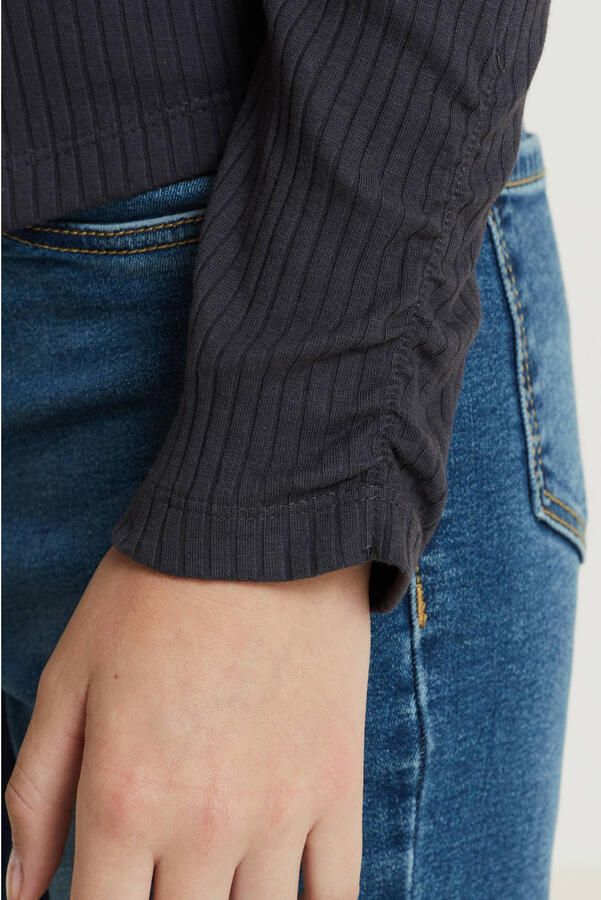 Anytime ribgebreide longsleeve donkerblauw grijs Meisjes Katoen Opstaande kraag 110 116 - Foto 3