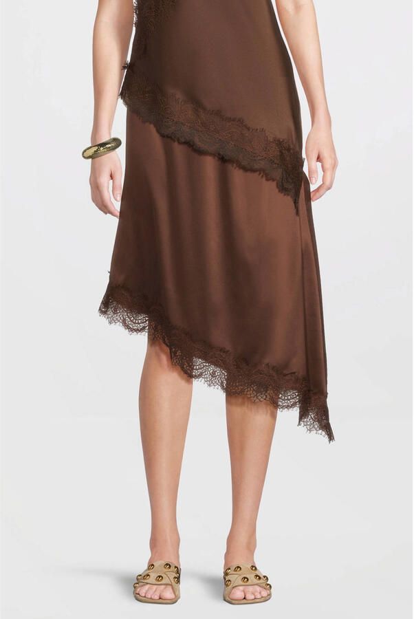 Anytime satijnen asymmetrische midi rok bruin