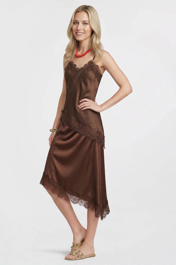 Anytime satijnen asymmetrische midi rok bruin - Foto 3