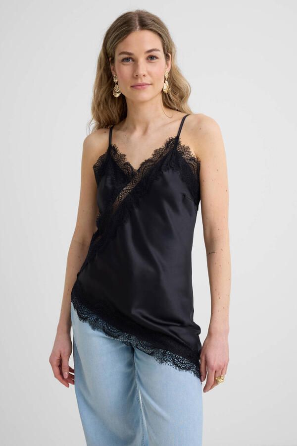 Anytime satijnen asymmetrische top zwart