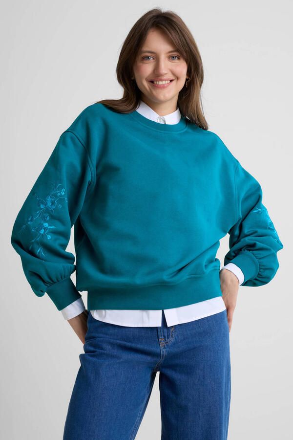 Anytime sweater met borduursel donkercyaan
