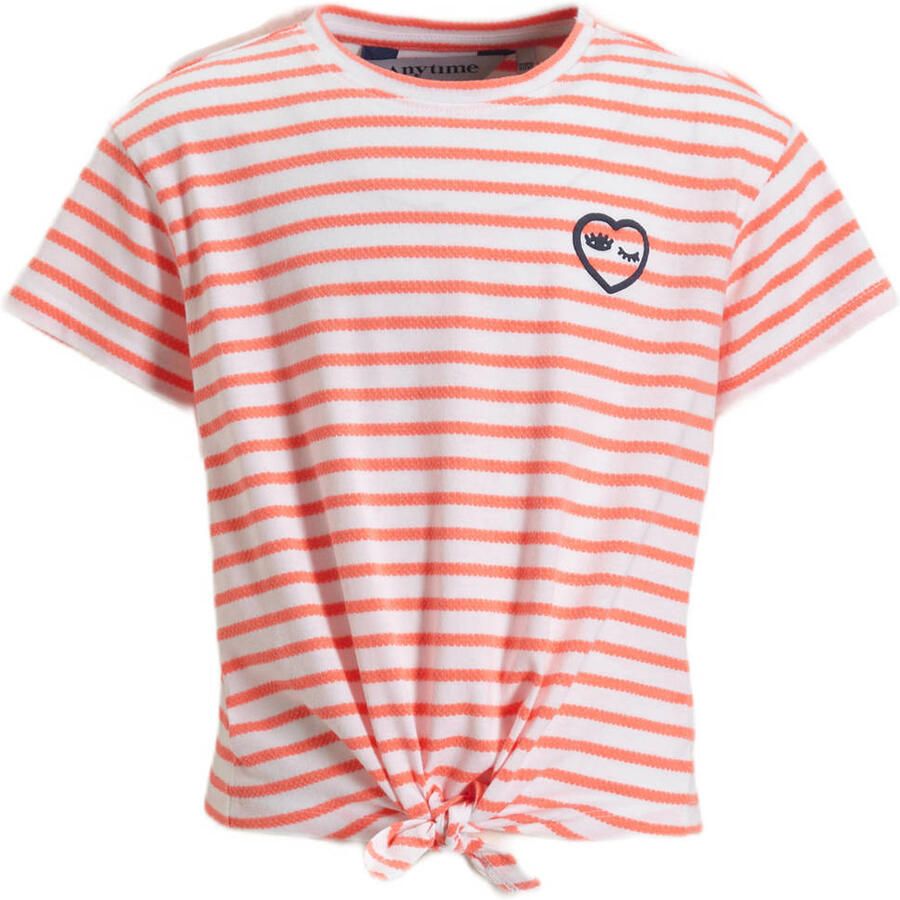 Anytime T-shirt met knoopdetail wit koraal Oranje Meisjes Katoen Ronde hals 158 164