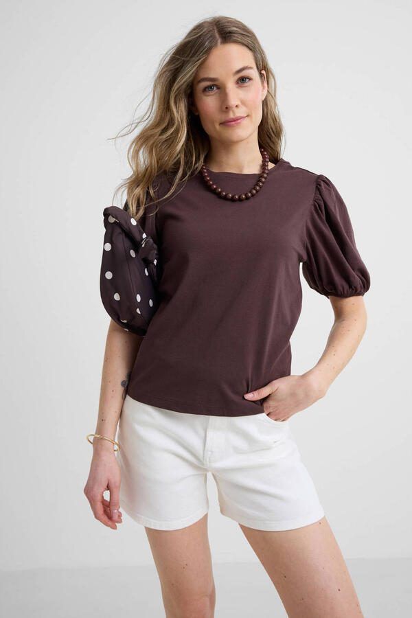 Anytime T-shirt met pofmouwen donkerbruin