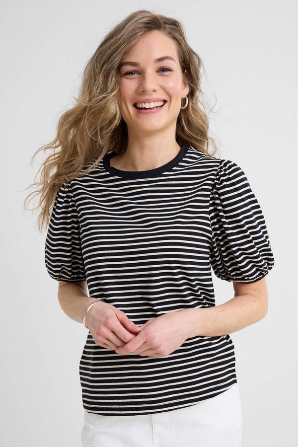 Anytime T-shirt met pofmouwen gestreept zwart beige