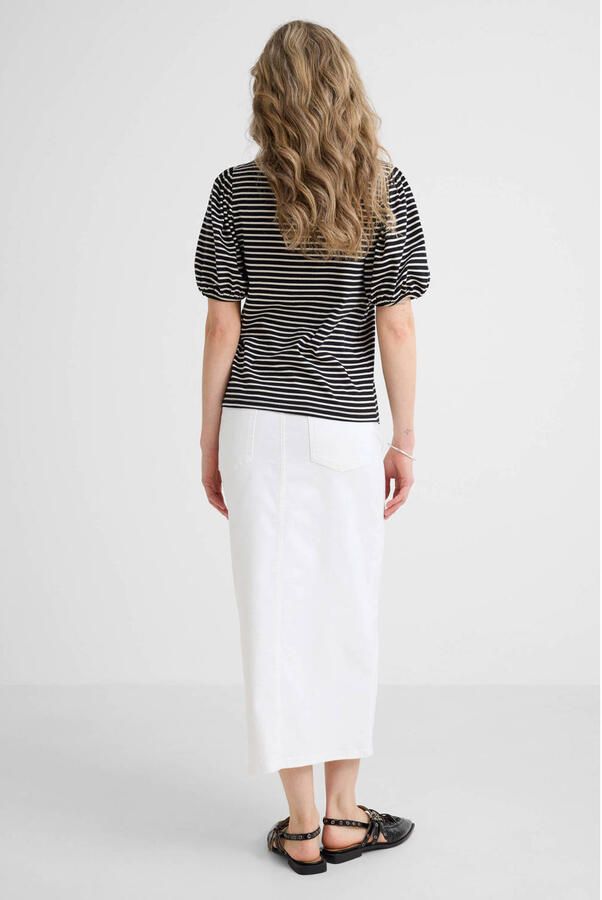 Anytime T-shirt met pofmouwen gestreept zwart beige - Foto 3