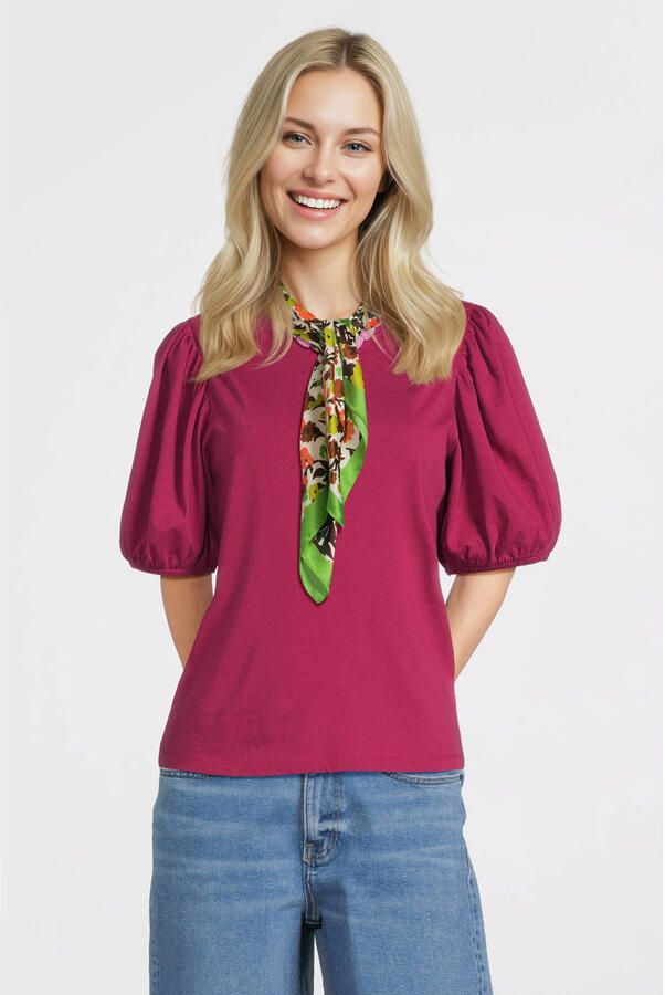 Anytime T-shirt met pofmouwen wijnrood