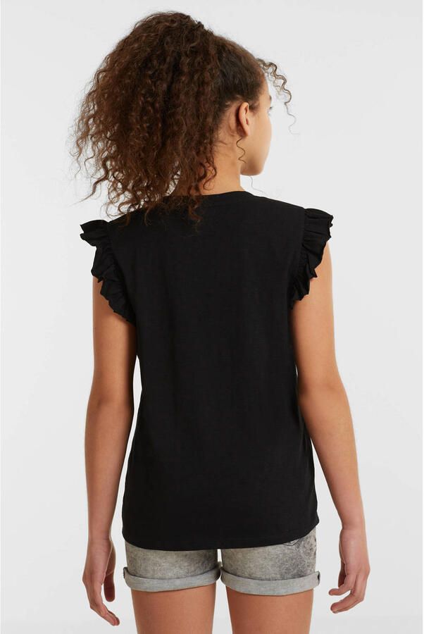 Anytime T-shirt met ruffle zwart Meisjes Katoen Ronde hals Effen 110 116 - Foto 2
