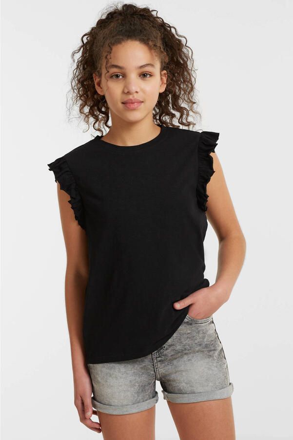Anytime T-shirt met ruffle zwart Meisjes Katoen Ronde hals Effen 110 116 - Foto 4