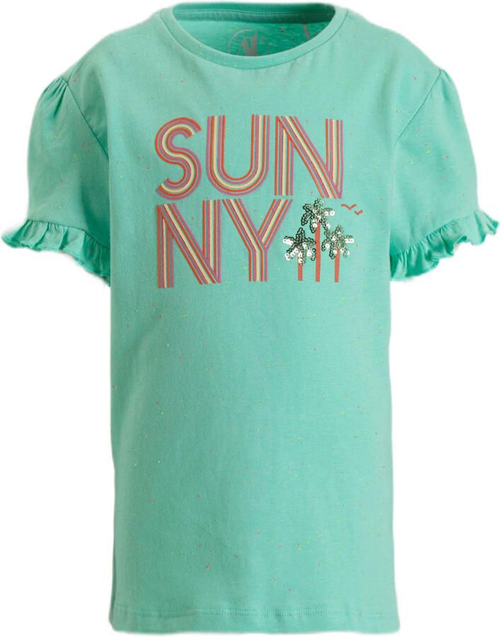 Anytime T-shirt met tekstopdruk groen Meisjes Katoen Ronde hals Tekst 134 140