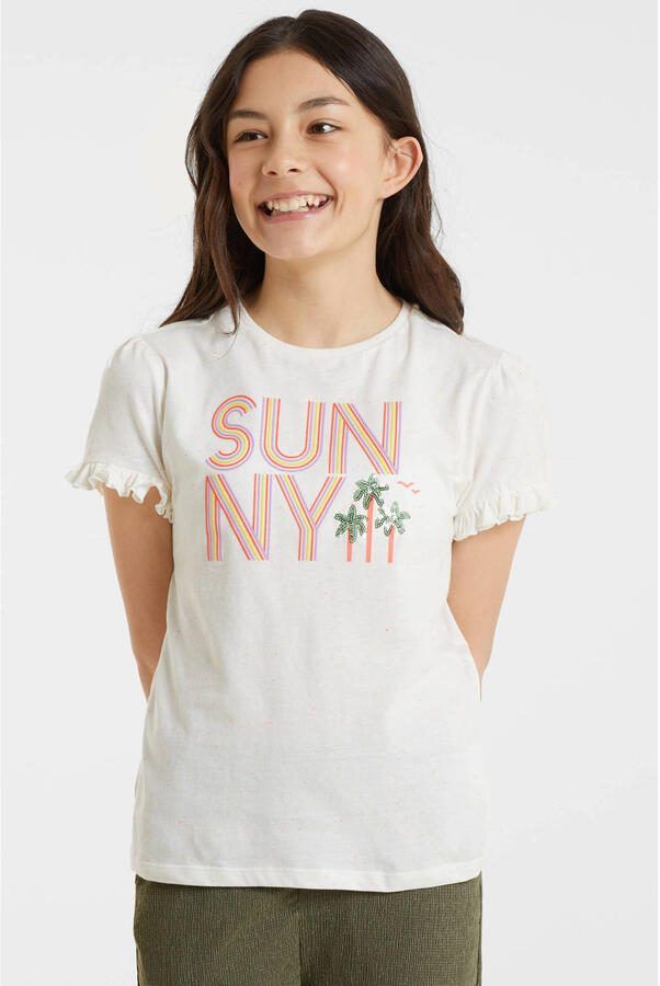 Anytime T-shirt met tekstopdruk wit Meisjes Katoen Ronde hals Tekst 110 116 - Foto 3