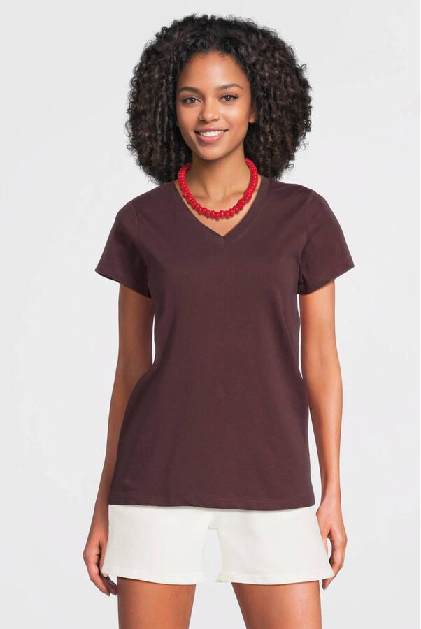 Anytime T-shirt met V-hals donkerbruin