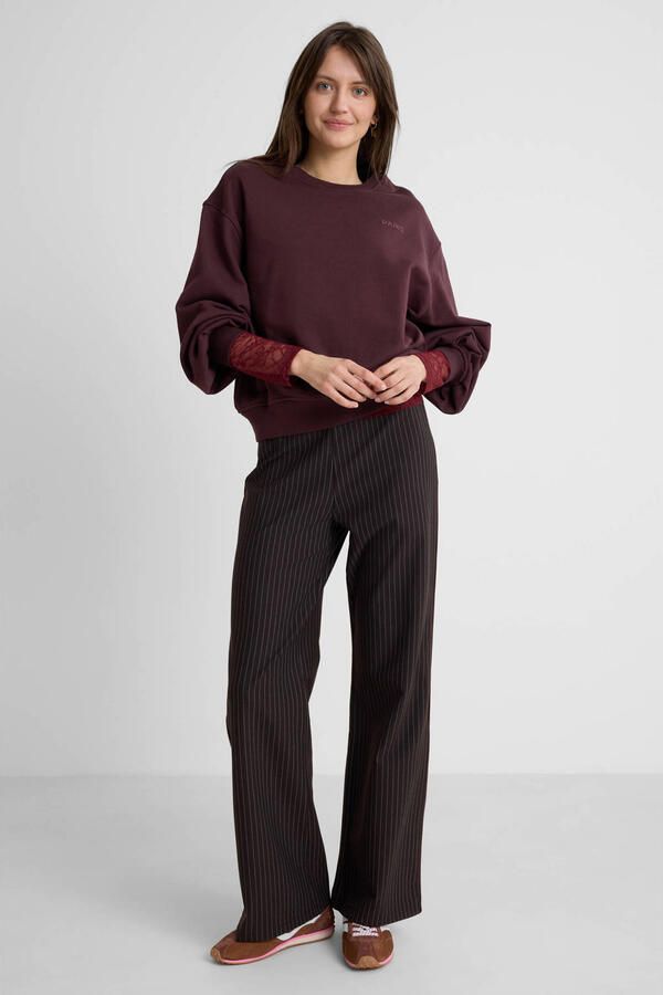 Anytime wide leg broek met contrast bies donkerbruin