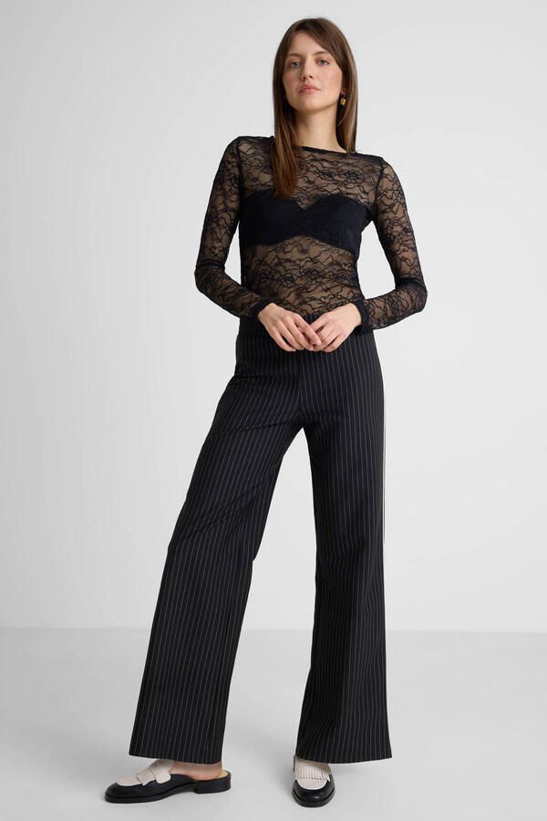 Anytime wide leg broek met contrast bies zwart