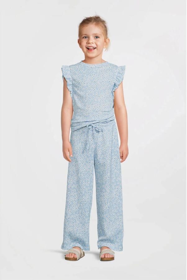 Anytime wide leg crinkle broek bloemenprint lichtblauw - Foto 4