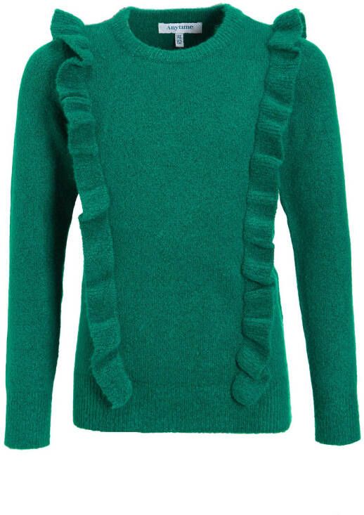 Anytime gebreide trui met ruffles groen Meisjes Acryl Ronde hals Effen 158 164