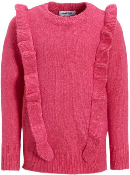 Anytime gebreide trui met ruffles roze Meisjes Acryl Ronde hals Effen 158 164