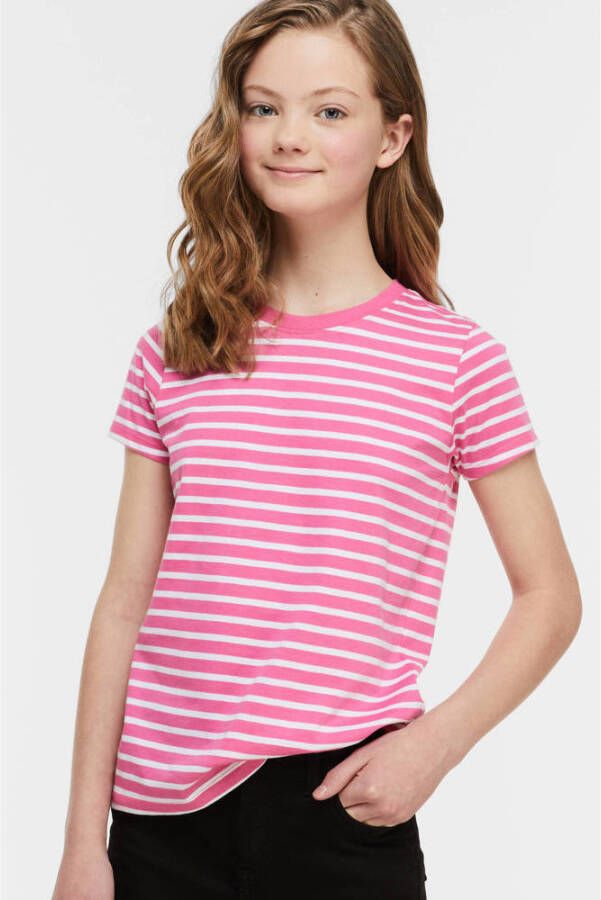 Anytime gestreepte T-shirt koraalroze Meisjes Katoen Ronde hals Streep 110 116 - Foto 3