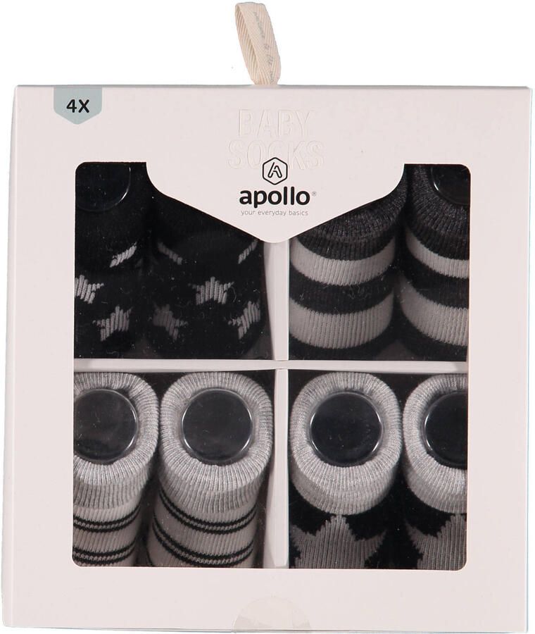 Apollo new born sokken set van 4 in een geschenkset zwart wit grijs Katoen 0-3 mnd