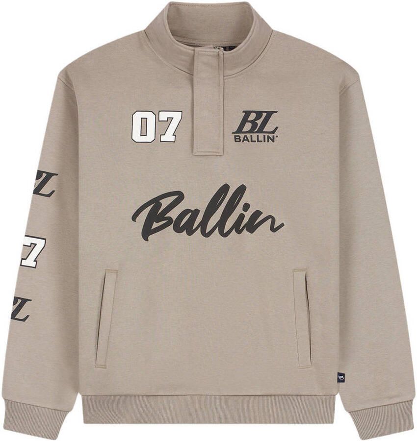 Ballin boxy sweater met backprint en tekst taupe Bruin Jongens Katoen Opstaande kraag