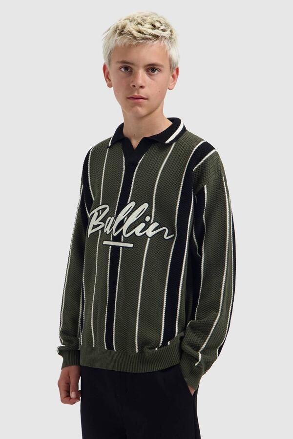 Ballin gestreepte sweater olijfgroen zwart Trui Jongens Katoen Polokraag