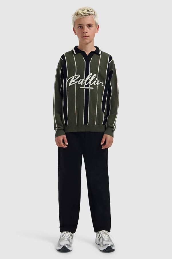 Ballin gestreepte sweater olijfgroen zwart Trui Jongens Katoen Polokraag - Foto 3