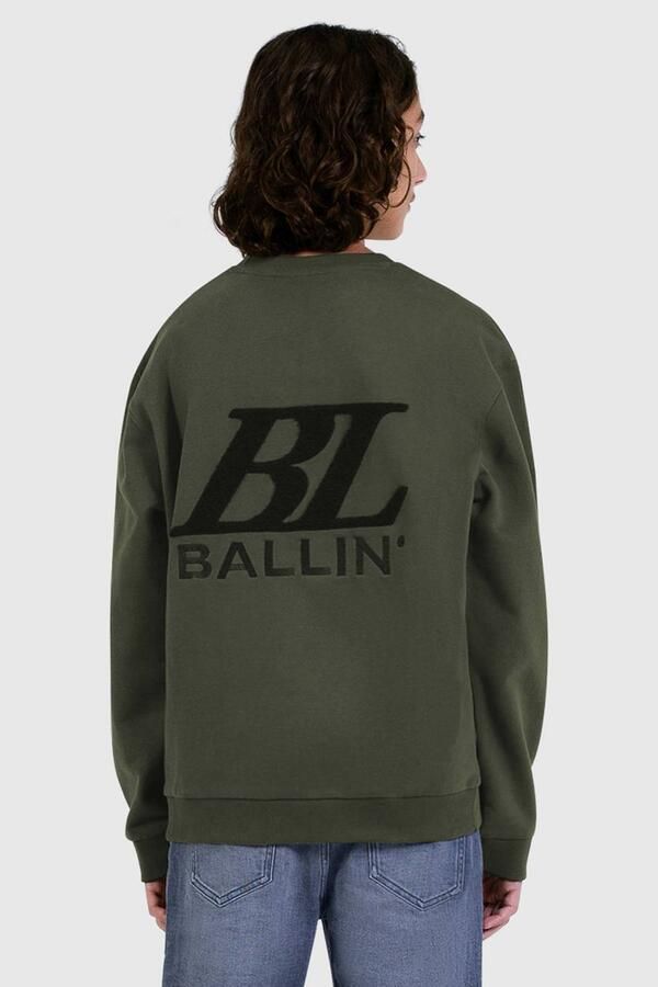 Ballin sweater met backprint olijfgroen zwart Jongens Katoen Ronde hals