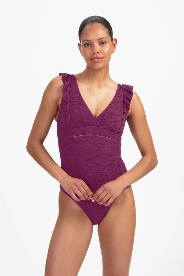 Beachlife badpak met textuur en ruches donkerpaars