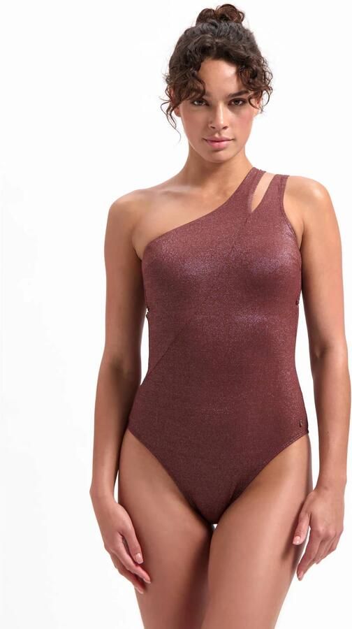 Beachlife one shoulder badpak met lurex bruin