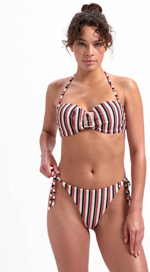Beachlife strik bikinibroekje met teddy strepen rood zwart beige