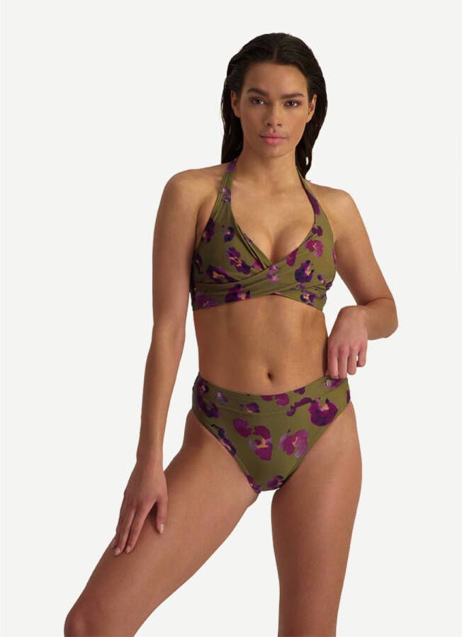 Beachlife voorgevormde halter bikinitop met all over print olijfgroen paars oranje