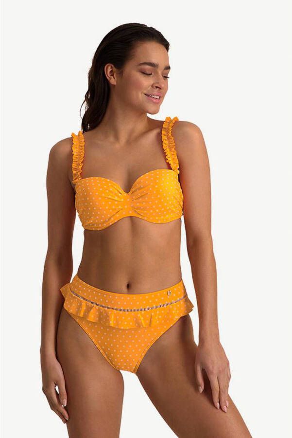 Beachlife high waist bikinibroekje met ruches en flockprint stippen oranje wit
