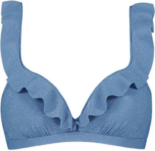 Beachlife voorgevormde beugel bikinitop met ruches en lurex blauw zilver