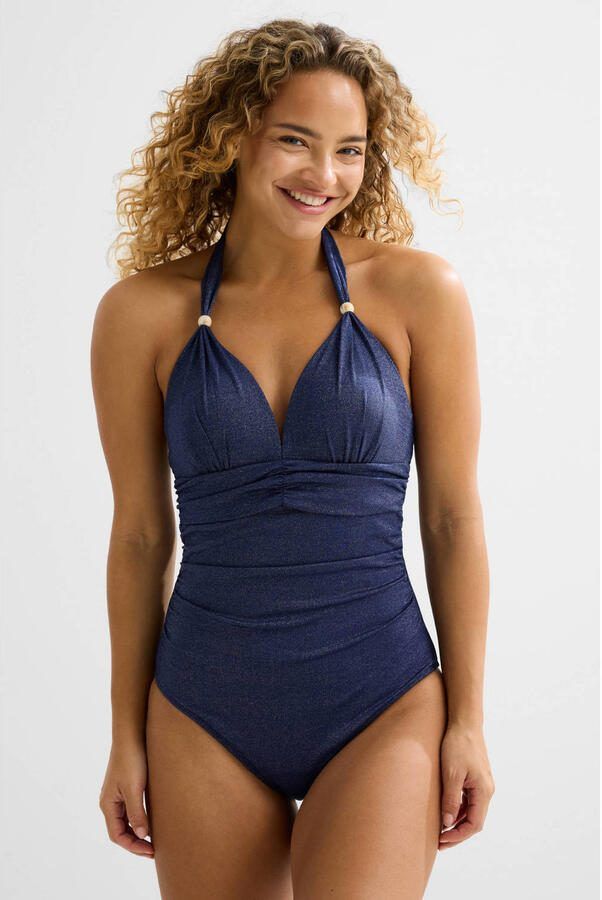 BEACHWAVE corrigerend halter badpak met lurex donkerblauw