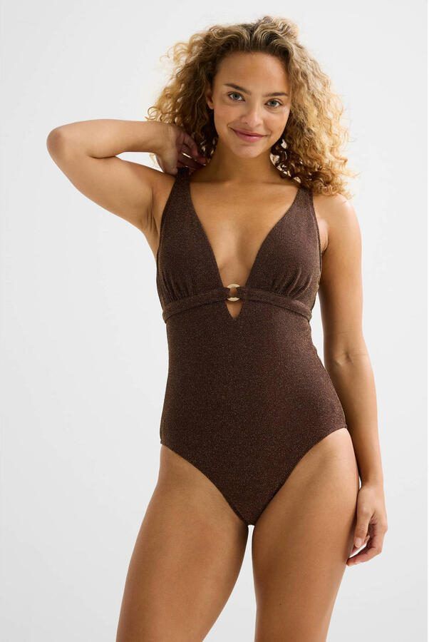 BEACHWAVE seersucker corrigerend badpak met lurex donkerbruin