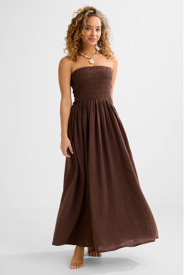 BEACHWAVE strapless mousseline strandjurk bruin