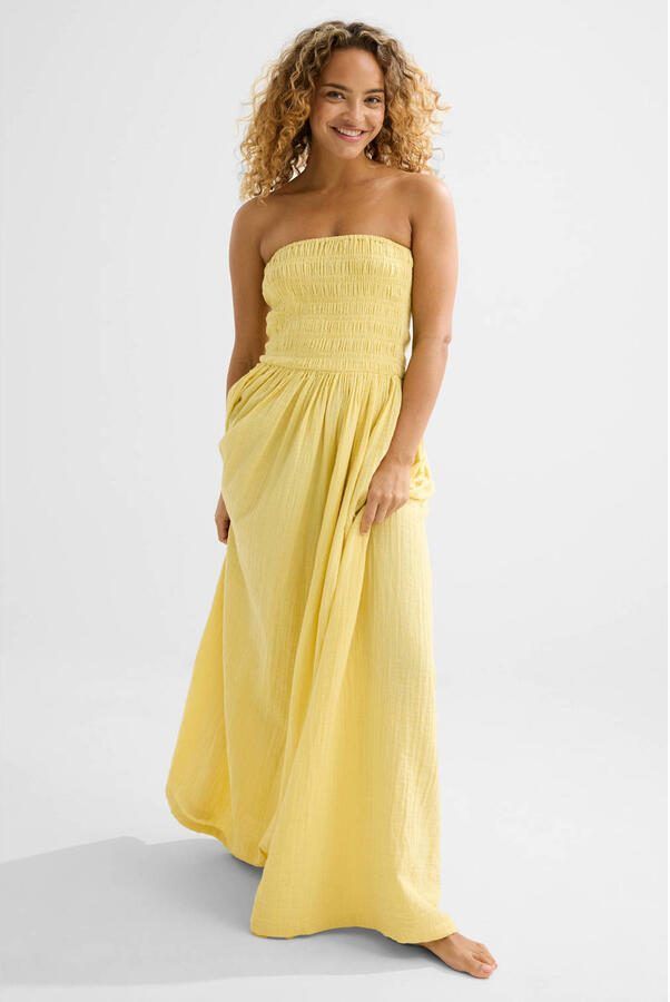 BEACHWAVE strapless mousseline strandjurk lichtgeel