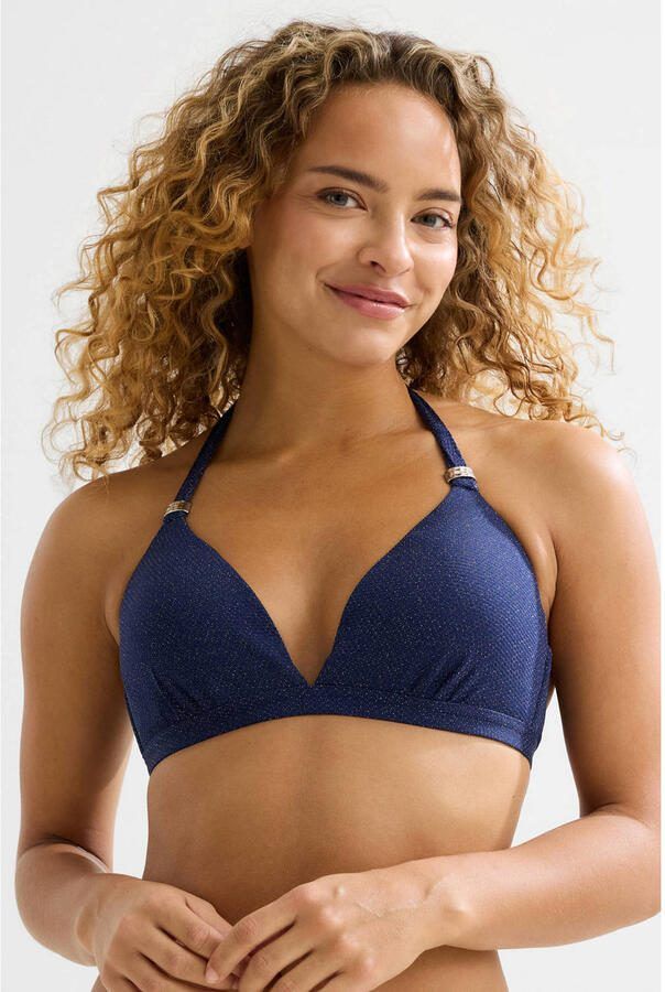 BEACHWAVE voorgevormde halter bikinitop met lurex en textuur donkerblauw - Foto 2