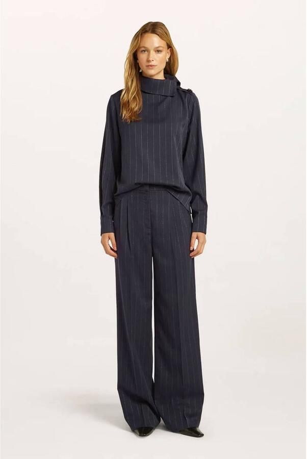 Beaumont wide leg broek met krijtstreep donkerblauw