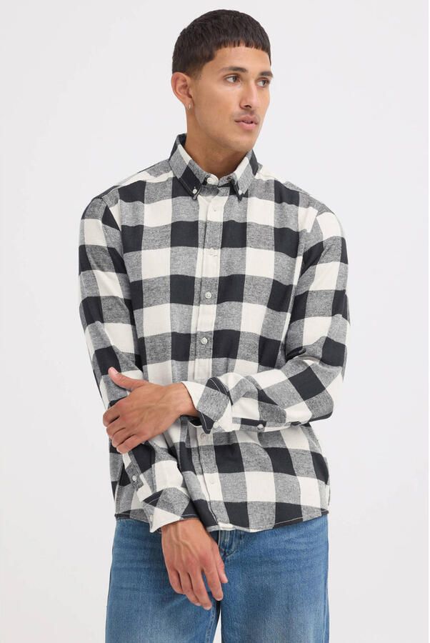 Blend flanel regular fit geruit overhemd grijs