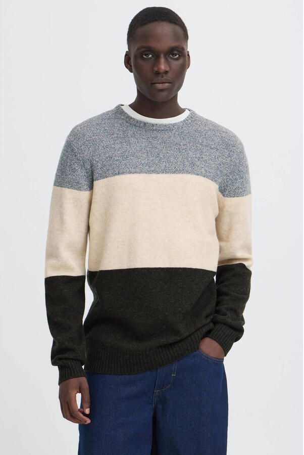 Blend regular fit gebreide gestreepte trui met wol blauw