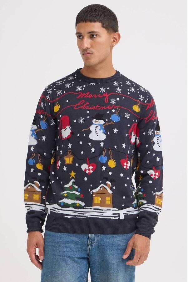 Blend regular fit kersttrui met print donkerblauw
